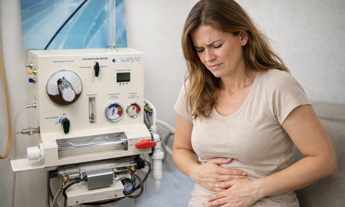 Woman holding abdomen with bloating and constipation discomfort during a parasite cleanse protocol, natural wellness concept