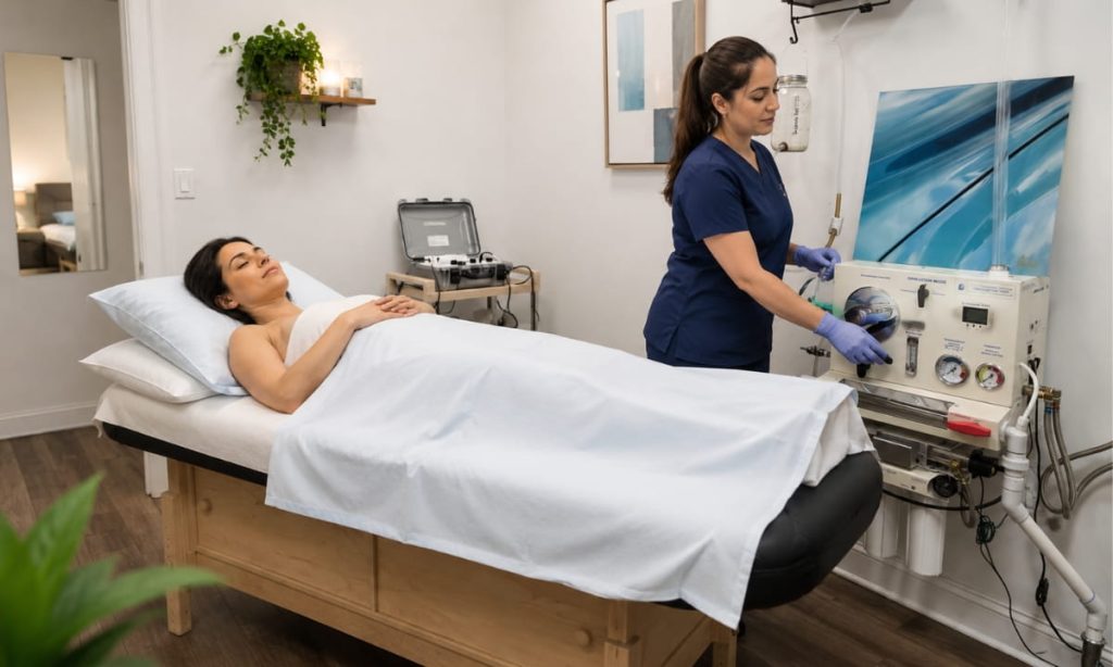 Woman lying comfortably on a treatment table receiving colon hydrotherapy session at Atlant Health Wellness Center in Midtown East NYC with therapist present