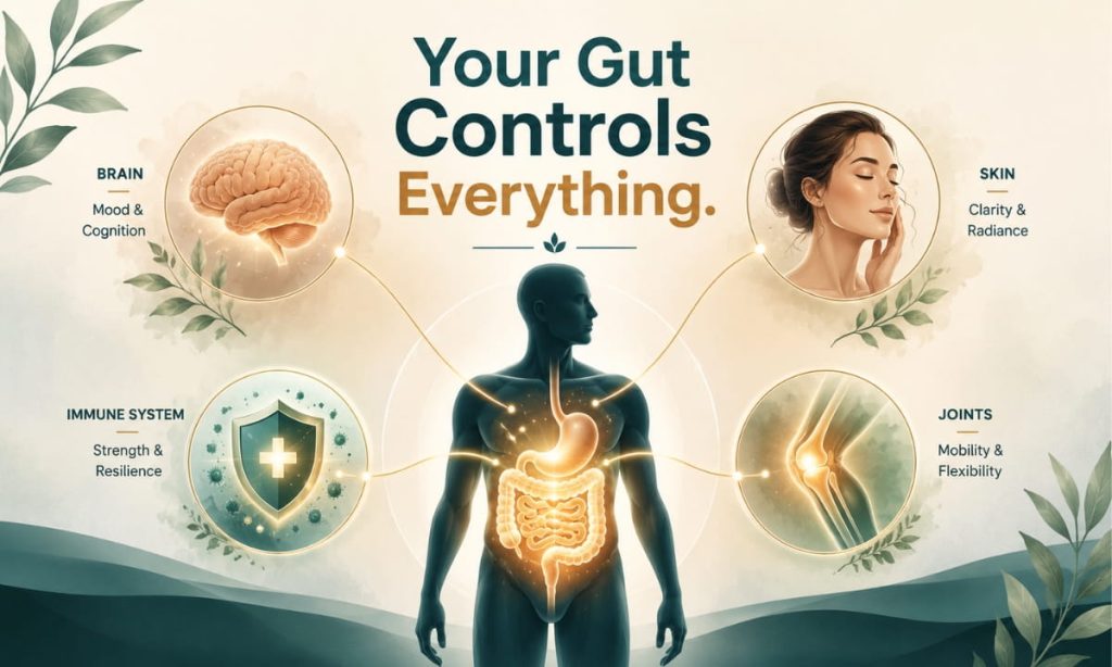 Illustrated diagram showing how gut health is connected to brain, skin, immune system, and joint health, with colon at the center