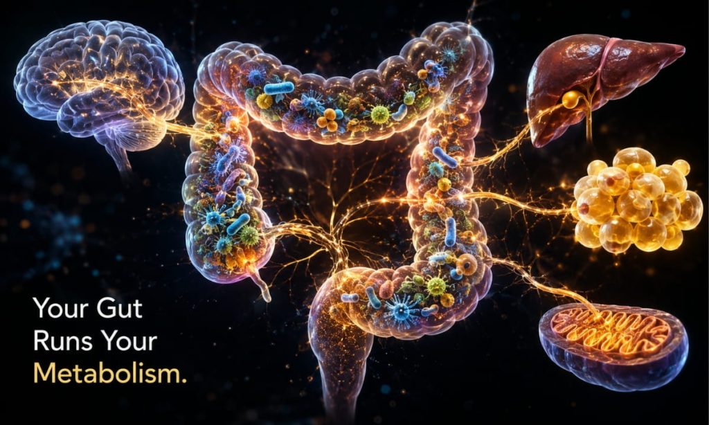 3D illustration of the human gut microbiome and its connection to metabolism, energy, and weight - gut health concept for Atlant Health Wellness Center NYC
