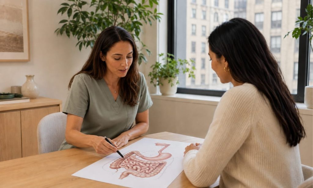 Woman consulting with a wellness practitioner about colonics parasite cleanse timing during an herbal parasite protocol in New York City Wellness Colon Hydrotherapy center