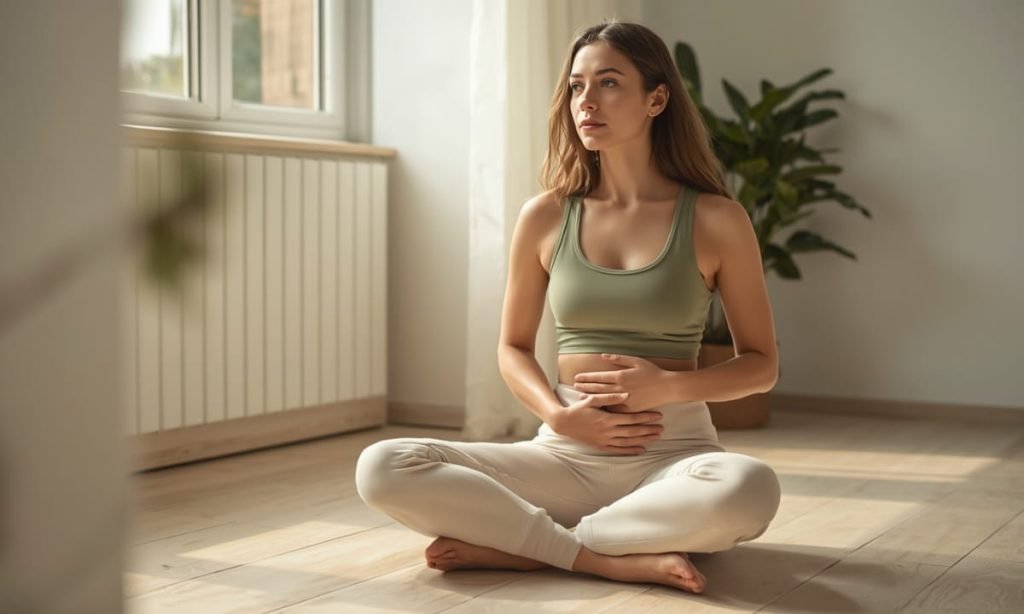 Woman gently holding her lower abdomen in soft natural light, representing the gut-hormone connection between constipation and estrogen balance New York City NYC