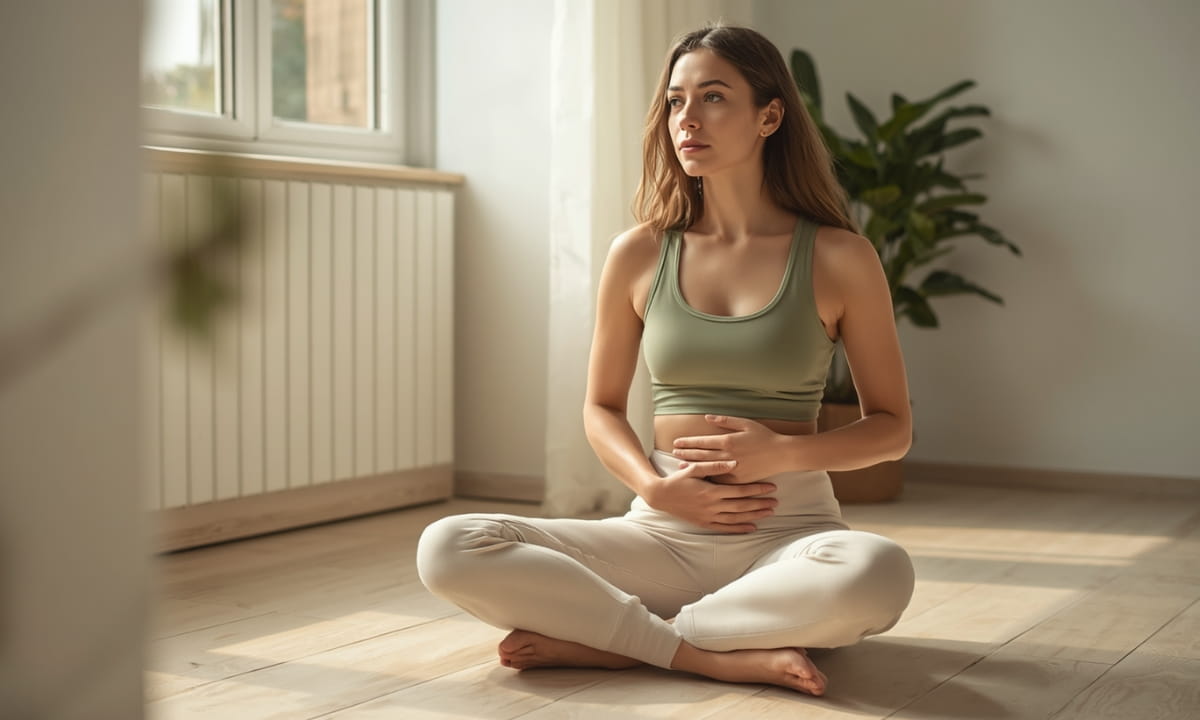 Woman gently holding her lower abdomen in soft natural light, representing the gut-hormone connection between constipation and estrogen balance New York City NYC