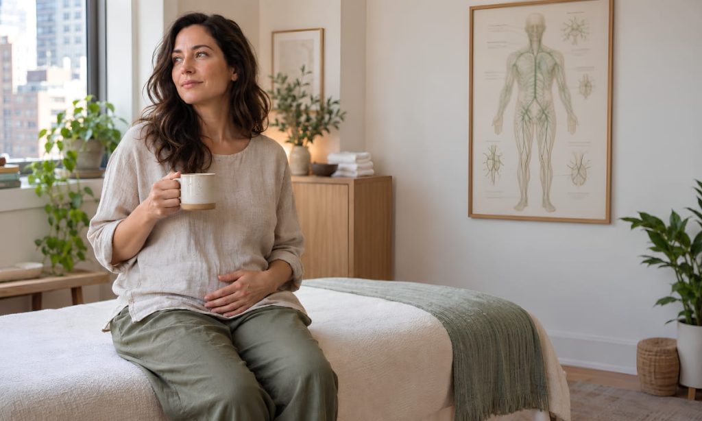 Woman in a bright Manhattan wellness room resting a hand on her lower abdomen, illustrating hormonal bloating vs water retention