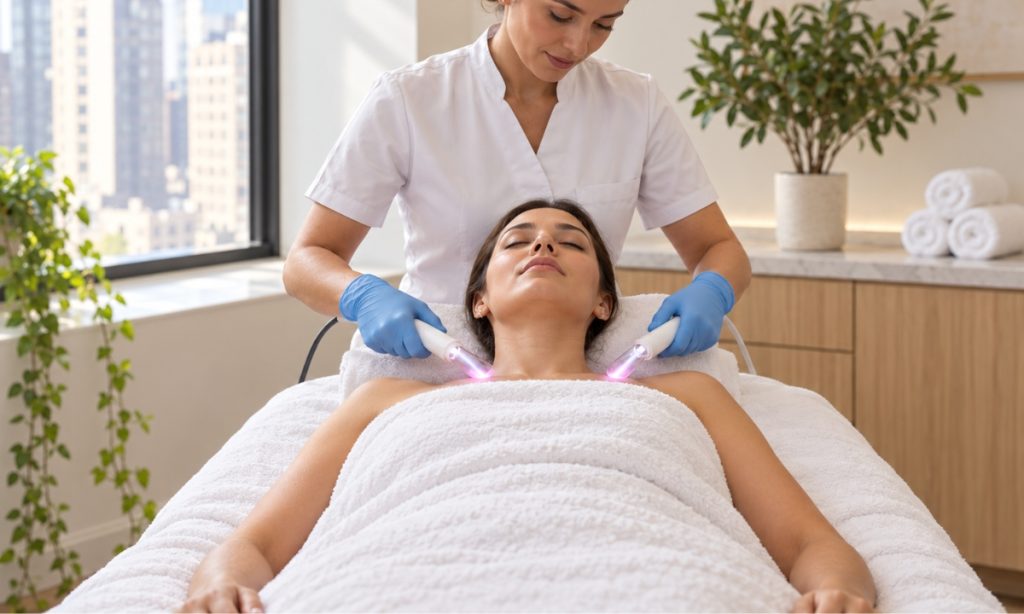Client receiving a lymphatic drainage therapy session at a Midtown Manhattan wellness center to reduce swelling and support results over time