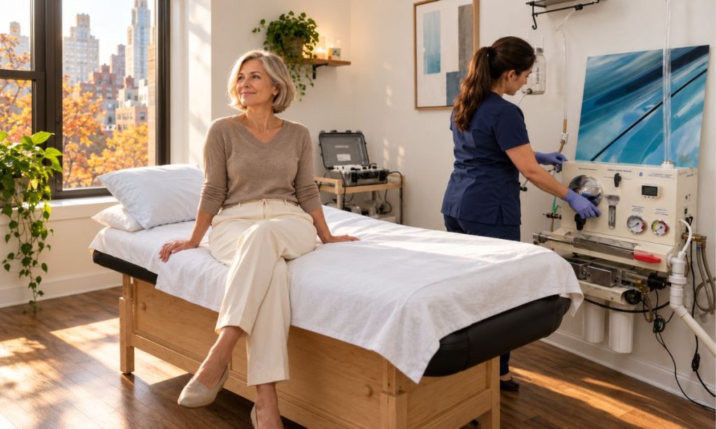 Woman relaxing in a bright Midtown Manhattan wellness room in autumn, representing a colon cleanse in NYC and lymphatic drainage for fall immune support