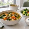 Bowl of vegetable soup, herbal tea, and fresh cooked vegetables representing what to eat after a colon cleanse