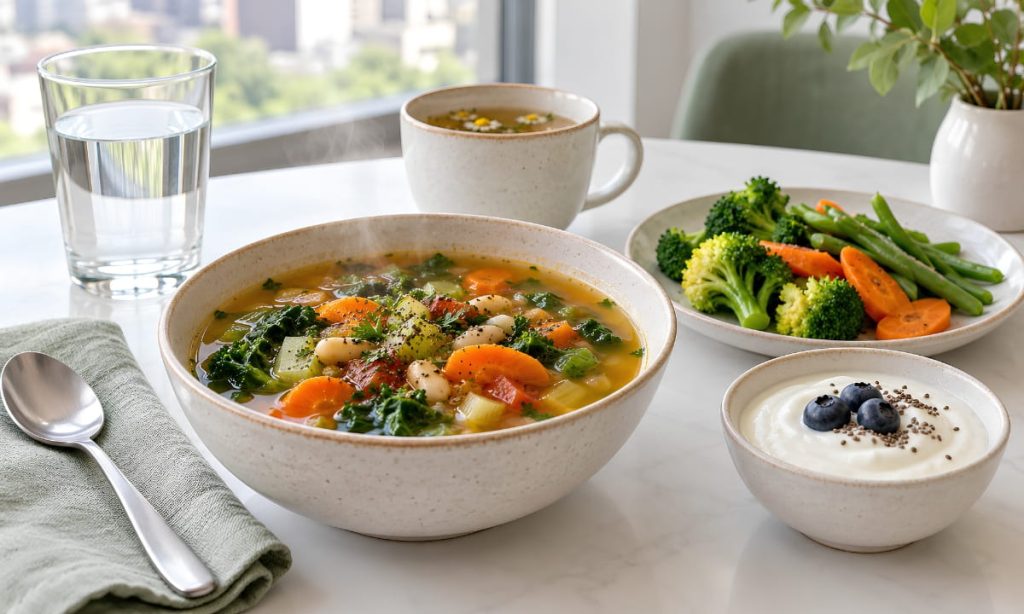 Bowl of vegetable soup, herbal tea, and fresh cooked vegetables representing what to eat after a colon cleanse